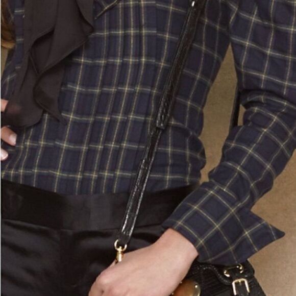 Ralph Lauren Navy Blue Multi Brushed Cotton Check Plaid Ruffle Pleat Blouse - Picture 11 of 16